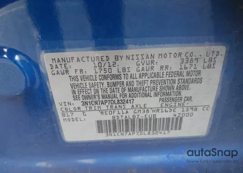 2013 Nissan Versa 1.6 Sv z USA, uszkodzony, nr VIN 3N1CN7AP7DL832417